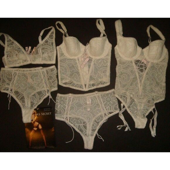 Victoria's Secret 32C,34C,36C BRA SET+GARTER TEDDY embroider coconut WHITE BRIDE